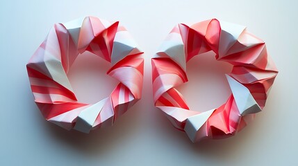 Intricately folded origami candy canes crossed on a plain light background, with clean, crisp details highlighted by diffused lighting for a subtle yet festive holiday look. --ar 16:9