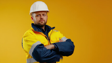 confident worker in safety helmet and bright yellow jacket stands against vibrant yellow background, showcasing professionalism and readiness for job