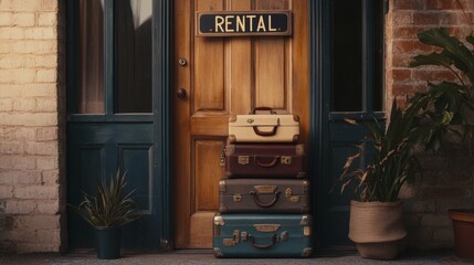 A charming entrance with vintage luggage waiting at a cozy rental location surrounded by a welcoming atmosphere and a touch of greenery