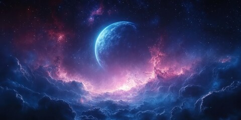 Fototapeta premium Cosmic Night Sky with Planet and Colorful Clouds