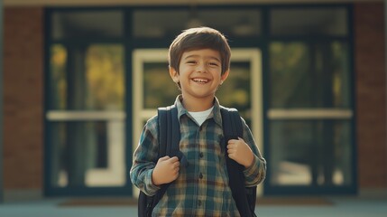 A joyful child with a bright smile stands outside his school, wearing a plaid shirt and carrying a backpack, excited about the educational adventures that lie ahead.