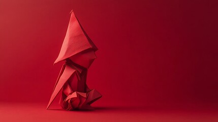 Origami elf with a hat set against a soft red background, detailed with precise folds and illuminated by soft, diffused light to enhance its playful and festive characteristics. --ar 16:9