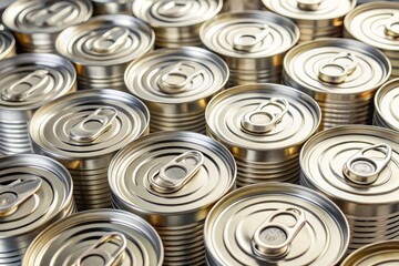 Obraz premium Aerial view of multiple metal cans arranged on a pristine white surface, showcasing reflections and textures, capturing the essence of modern minimalism in product photography.