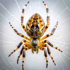 A close-up of a spider on its web against a white background,