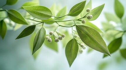Obraz premium Origami mistletoe with detailed leaves and small paper berries, hanging from the top edge of the frame on a white background,