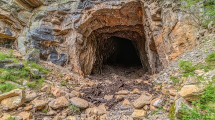 Fototapeta premium A dark cave entrance surrounded by rocky terrain and vegetation.