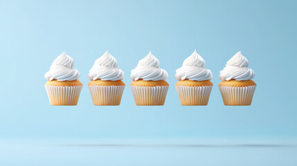 Delightful vanilla cupcakes with fluffy white frosting are beautifully arranged against soft blue background, creating charming and inviting atmosphere