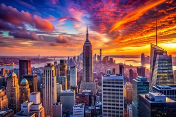 Obraz premium Breathtaking Manhattan Skyline at Sunset: A Stunning Urban Exploration of New York's Iconic Architecture and Vibrant City Life Under a Colorful Evening Sky