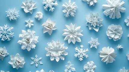 Origami snowflakes of different shapes and sizes randomly spread over a light blue background, each fold captured in high detail, with subtle shadows adding depth and realism. --ar 16:9