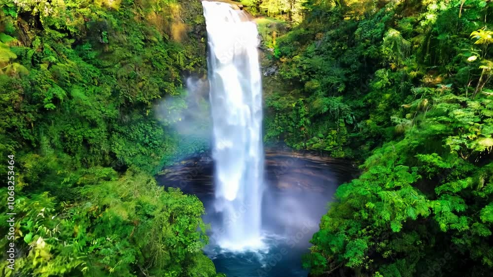 Poster camera orbits a hidden waterfall in a lush rainforest with dappled forest light and mist rising from