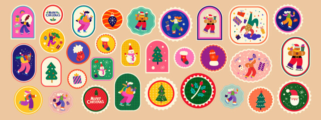 Merry Christmas and New Year stickers, tags and labels. Merry Christmas holiday illustrations. Christmas decorative stickers with fun people, Christmas tree, snowman and gifts.