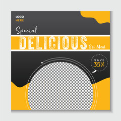 Fast food social media post template. Restaurant business marketing web banner design. Square size