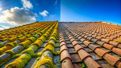 Before and After Cleaning: A Stunning Transformation of Tile Rooftops Revealing the Impact of High-Pressure Water Cleaners on Moss and Lichen Growth Removal