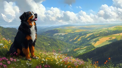 Obraz premium A Bernese mountain dog sitting on a hilltop overlooking a vast valley with rolling green hills and wildflowers, in a peaceful nature scene style