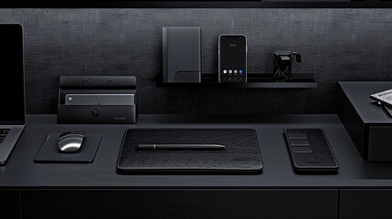 A minimalist black desk with a laptop, mouse, phone, notepad, and pen.