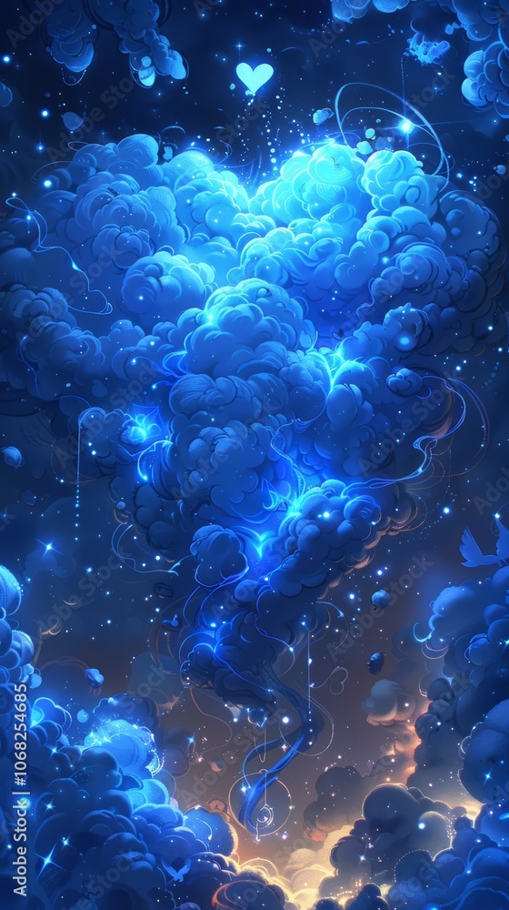 Poster a beautiful aurora forms a heart shape in the night sky, creating an ethereal glow as it dances abov