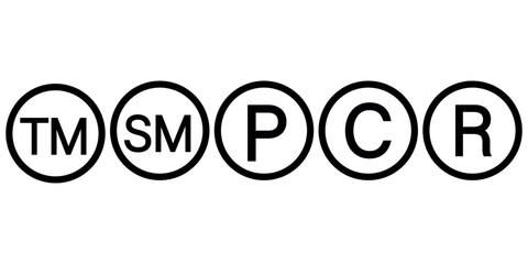 Trademark TM, Registered R, Copyright C and SM, P icon vector flat illustration isolated on white background.