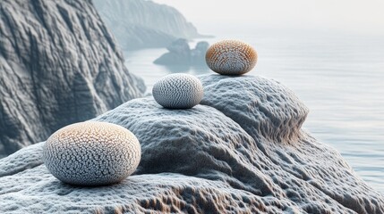 A peaceful scene displays three meditation objects with different patterns, placed on the mountain, each made of materials ranging from rough to smooth. The distant ocean extends to the background