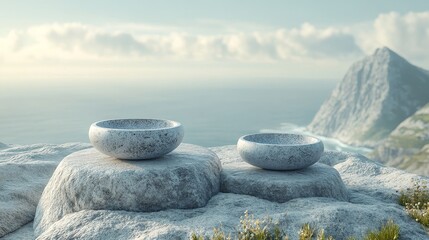 A peaceful scene displays three meditation objects with different patterns, placed on the mountain, each made of materials ranging from rough to smooth. The distant ocean extends to the background