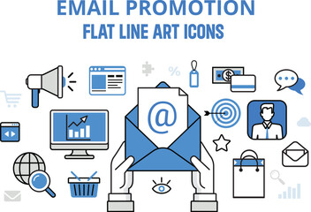 Email promotion digital marketing online promo concept flat line art icons.