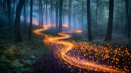 Obraz premium Dreamy forest with glowing light trails weaving through trees