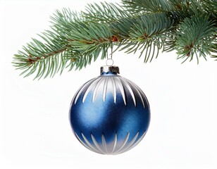Single blue and silver Christmas glass ball hanging from a pine branch isolated on white background
