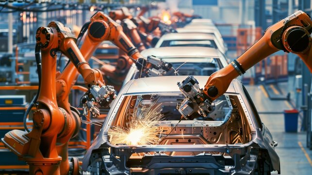 An automated robotic arm assembly line is used in the production of cars at modern manufacturing factories, leveraging advanced technology and industrial automation for high efficiency and precision