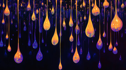 Liquid gold and sapphire droplets suspended mid air create mesmerizing scene