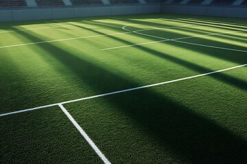 Naklejka premium Green Field Dreams: A panoramic view of an empty green artificial turf soccer field bathed in the warm glow of sunlight, casting long shadows across the pristine surface. The lines are crisp.