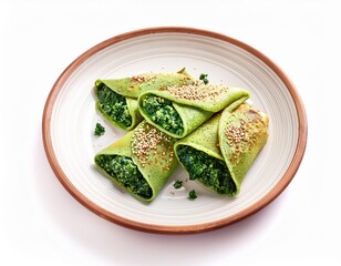 Delicious savory spinach and quinoa crepes garnished with sesame seeds on a ceramic plate