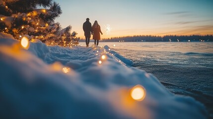 Romantic Winter Walk by the Water at Sunset