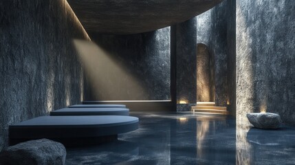 Stone steam room in a luxury spa, dim lighting, and a serene environment