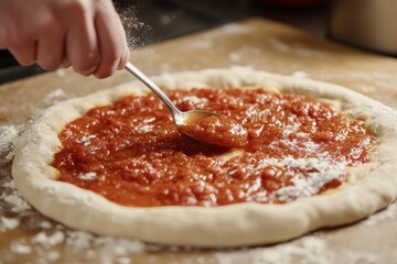 A person spreads tomato sauce on a pizza dough, preparing it for baking.
