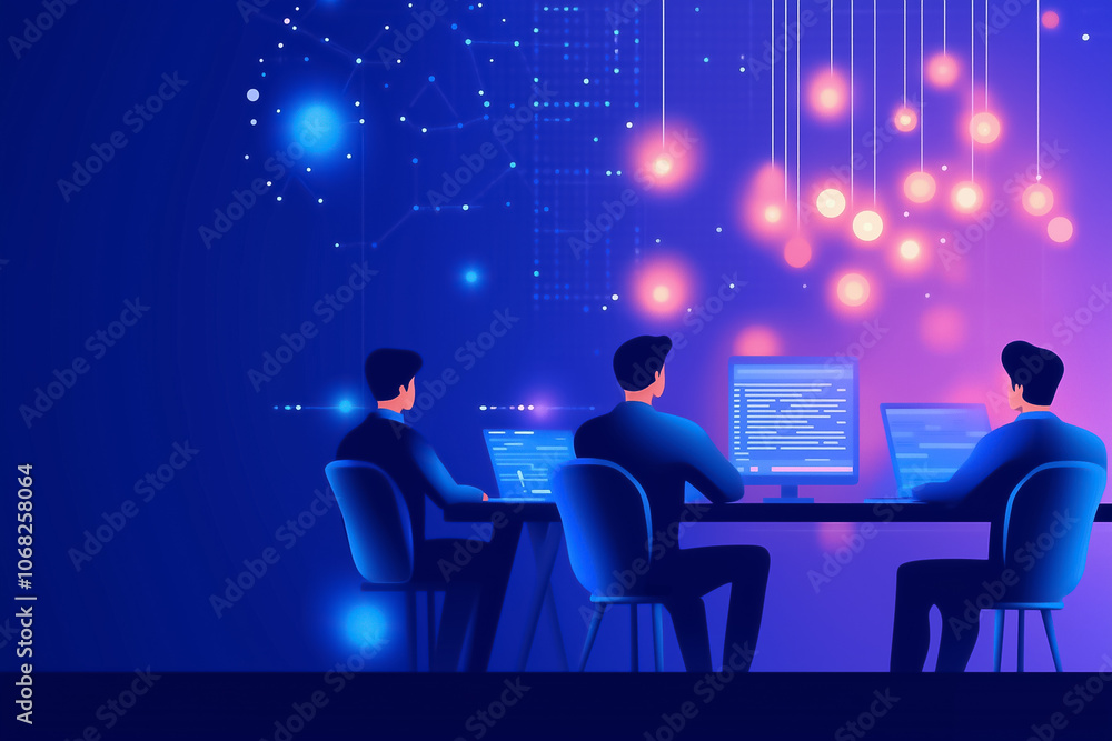 Poster three individuals focus on developing software and analyzing data in a dimly lit tech workspace