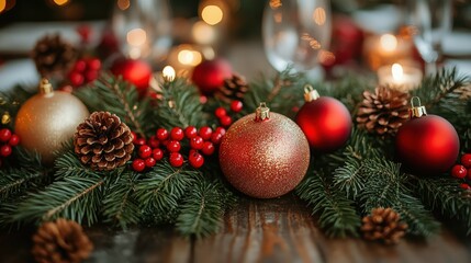 Fototapeta premium Holiday Decor with Ornaments and Pine Cones