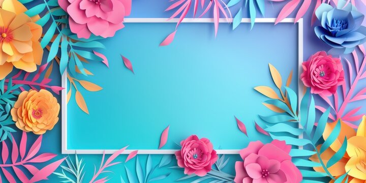 Abstract background with white frame, holographic elements, bold and vibrant colors, paper-cut floral designs. Greeting cards, seasonal invitations, flyers, banners with customizable text.