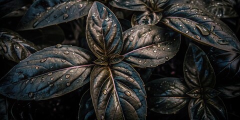 Wet basil leaves glistening with fresh morning dew