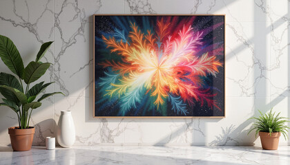  Abstract Colorful Art Piece with Leaf Motif on Marble Wall