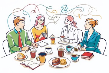 Business Team Meeting Continuous Line Drawing with Food Elements, Showcasing Collaboration and Creativity in a Modern Workspace Environment