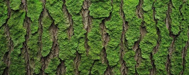 Close-up view of textured tree bark covered in vibrant green moss.