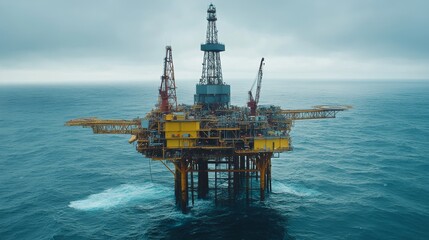 A large offshore oil rig stands in the ocean under a cloudy sky, showcasing industrial engineering.