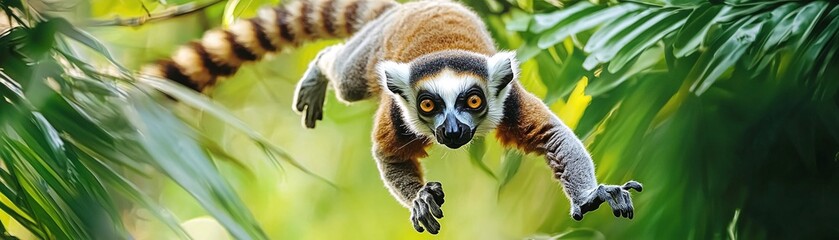 Obraz premium Ring-tailed Lemur Leaping Through The Jungle.