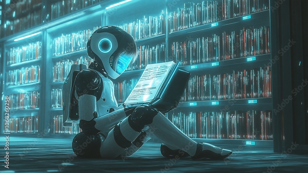 Aufkleber a futuristic robot sits in a library, reading a book on a glowing tablet computer. the library is fi