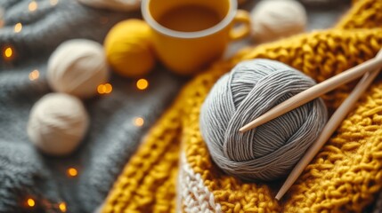 Ball of gray yarn with wooden knitting needles on a yellow knitted blanket. In the background are balls of white and yellow yarn and a yellow mug on a bokeh background