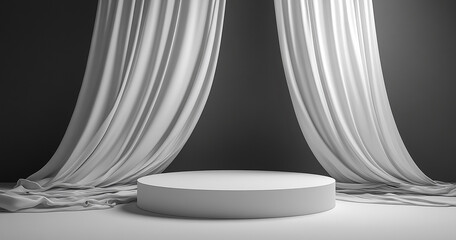 3d white podium with white curtain for product promotion