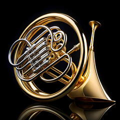 A French horn displayed against a white background