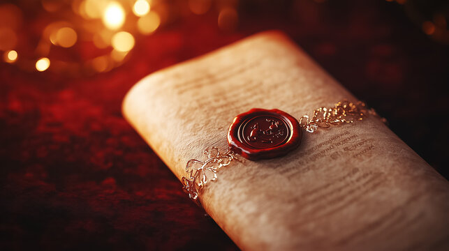A sealed scroll with a wax seal rests on a textured surface, gently glowing in the warm light
