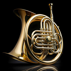A French horn displayed against a white background