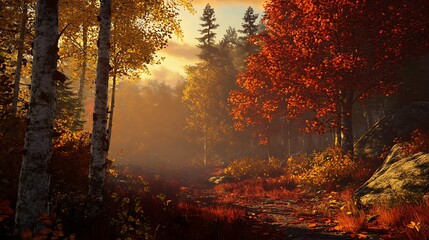 High-detail view of an autumn forest in mountain terrain at sunset