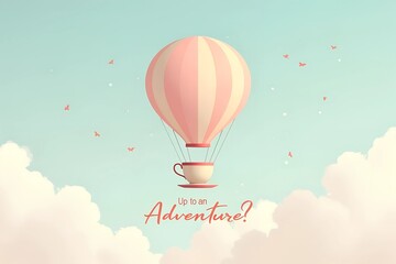 Whimsical hot air balloon shaped like a teacup, pastel colors, dreamy clouds